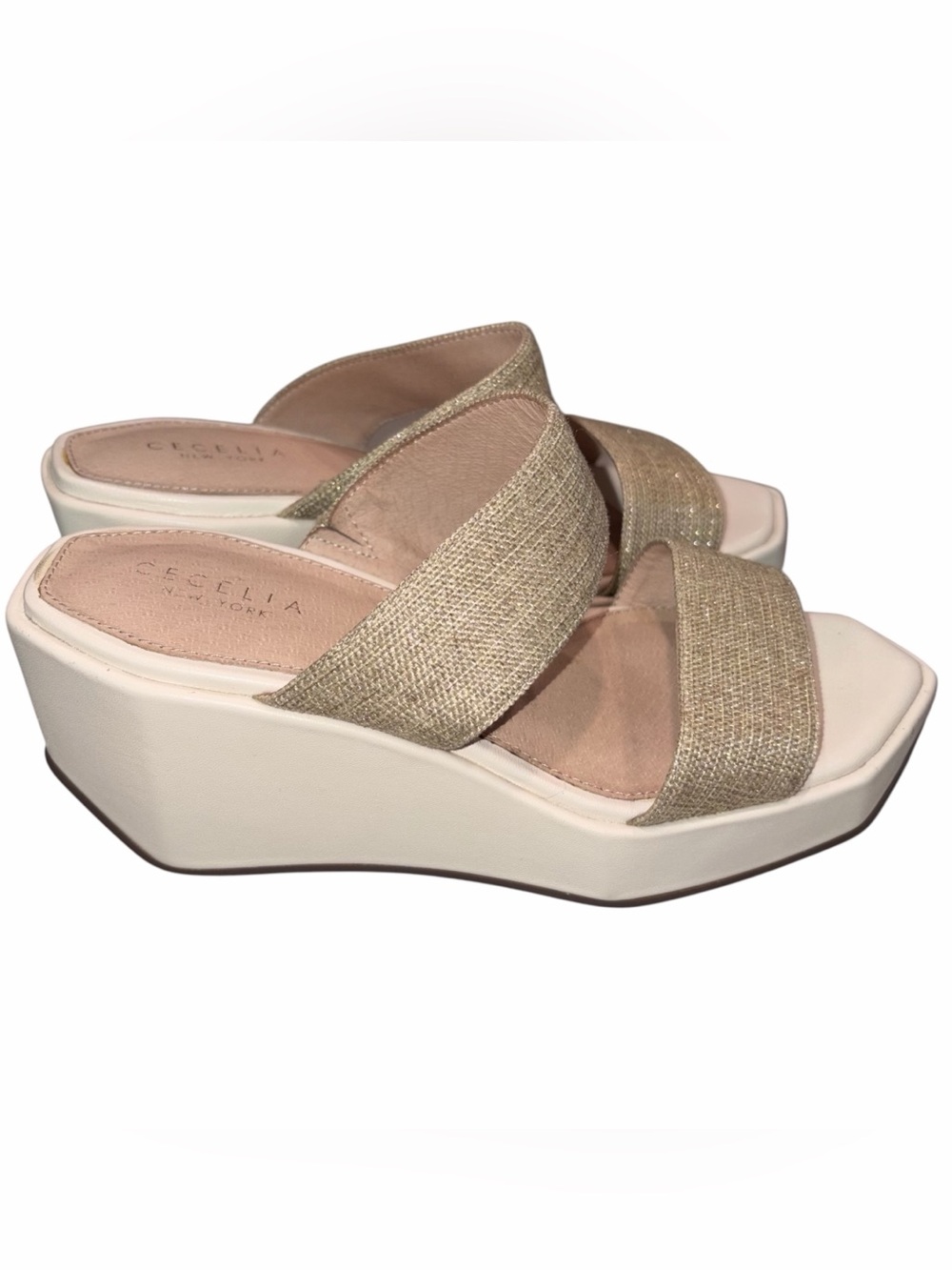 Cecelia New York Baily Alabaster Metallic Gold Strap Platform Slide Sandals 6